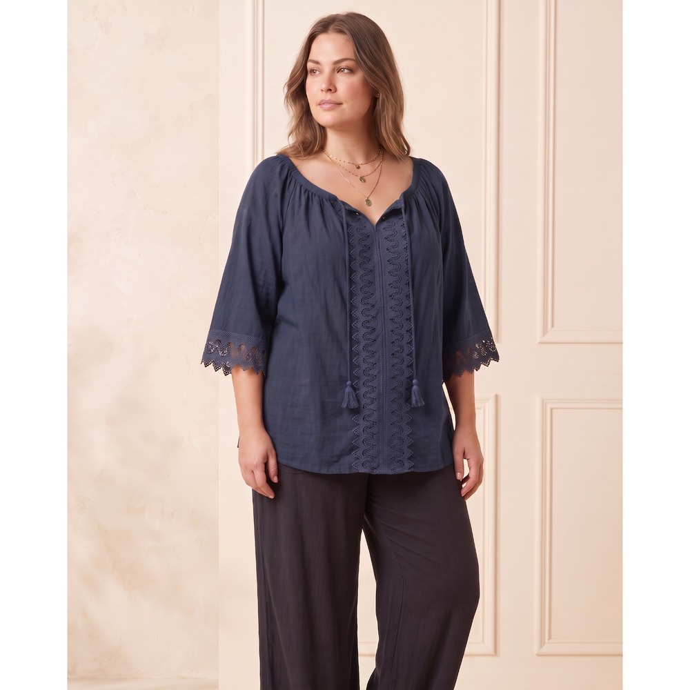 Unique Spectrum Boho Chambray Peasant Top Crochet Lace Tassel Tie Cottage 2X